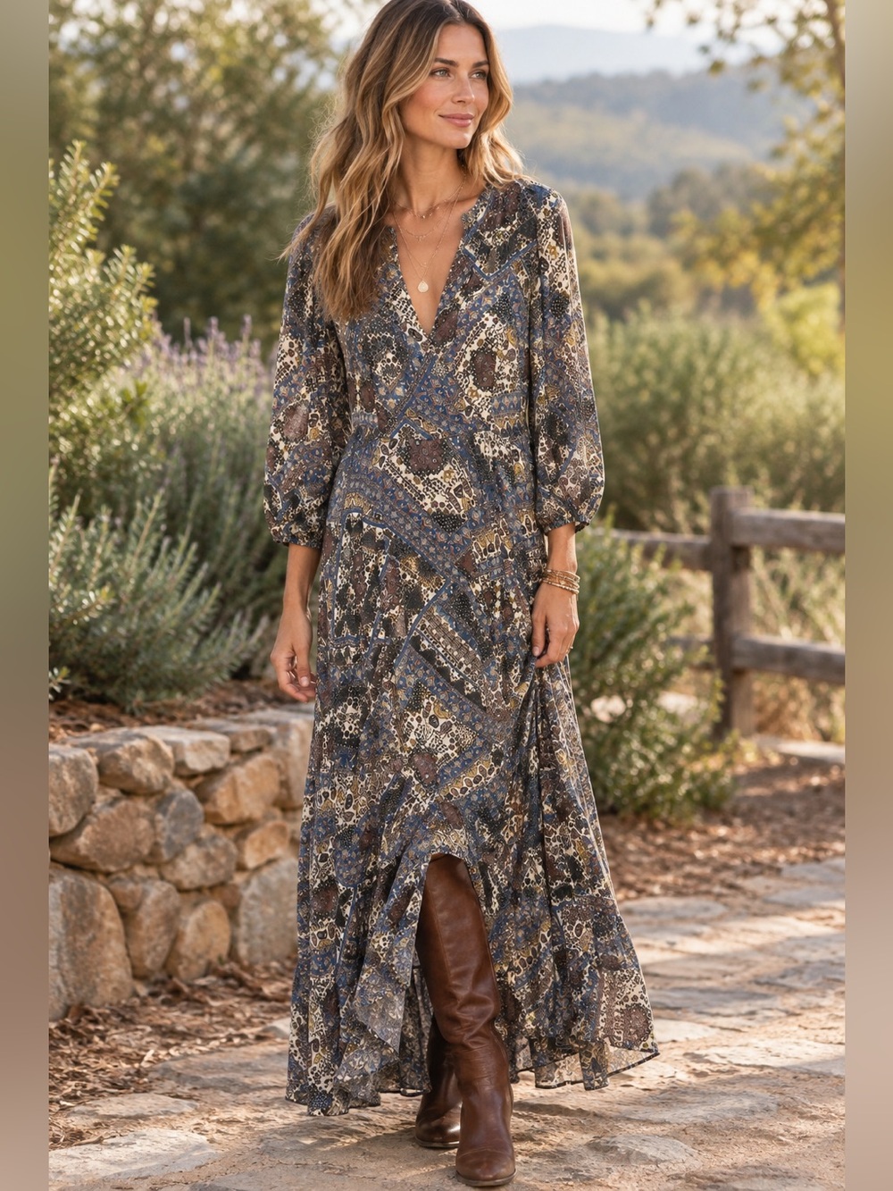 Calvin Klein Floral Patchwork High Low Maxi Dress